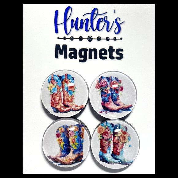Set of 4 Glass Western Flower Boots Magnets - Refrigerator Kitchen Whiteboard - Picture 1 of 3